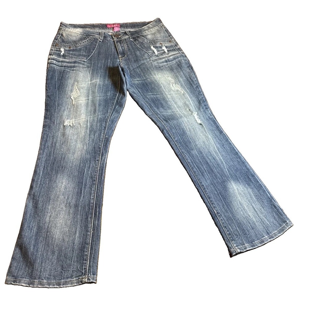 Loop Juniors 15 Blue Distressed Embroidered Flap Pocket Bootcut Jeans